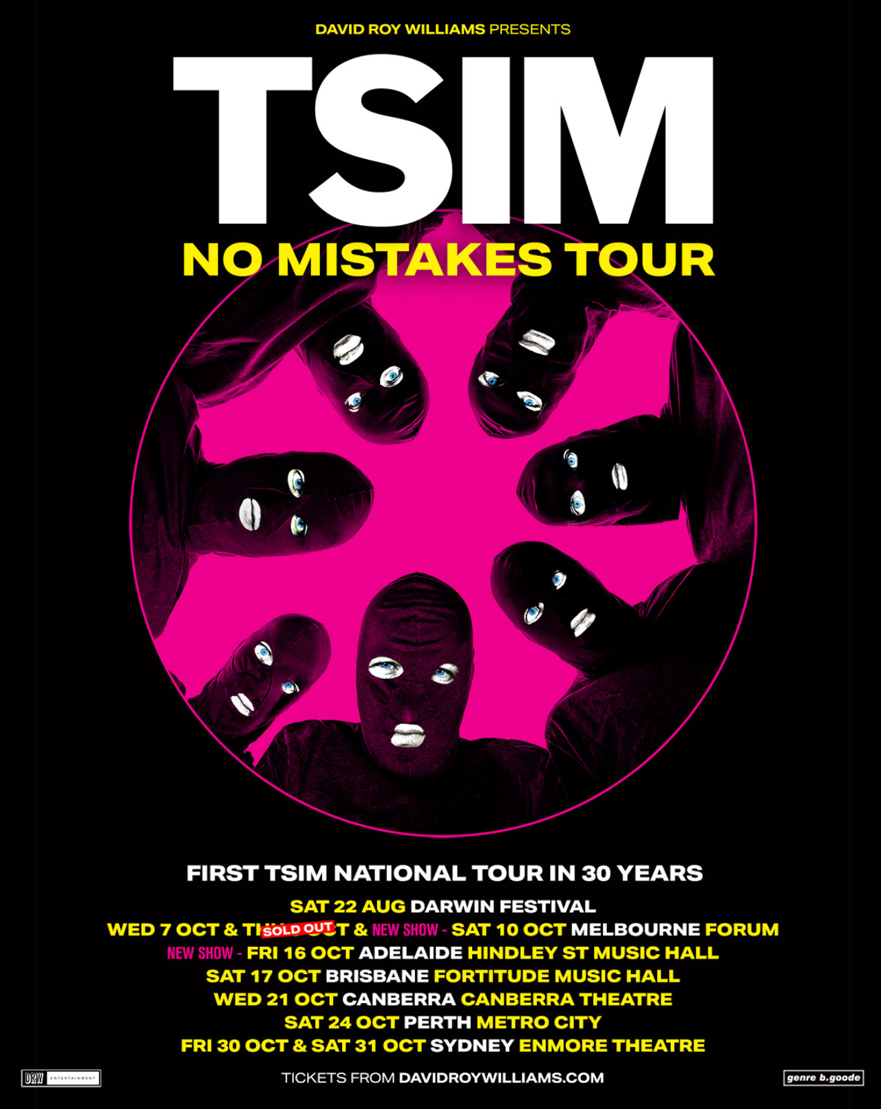 Tour poster for TSIM's No Mistakes Tour featuring masked band members in a circular frame with Australian concert dates